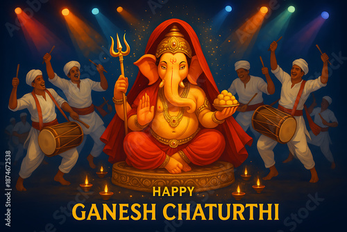 A vibrant illustration depicts lord ganesha celebrating ganesh chaturthi with musicians and dancers in a festive illuminated setting