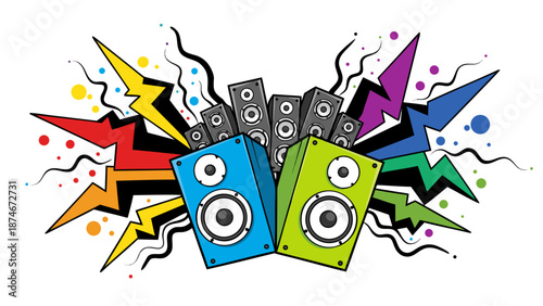 Explosive Sound Wave Vector Illustration with Colorful Lightning and Music Speakers