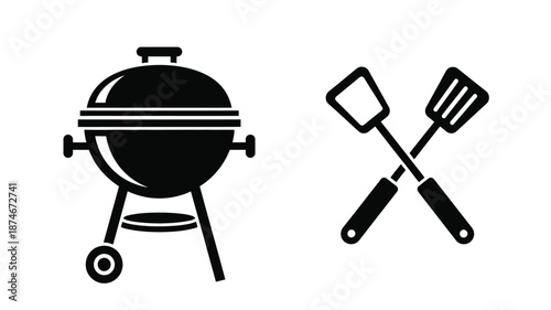 Black grill and cooking utensils graphic a simple summer barbecue silhouette