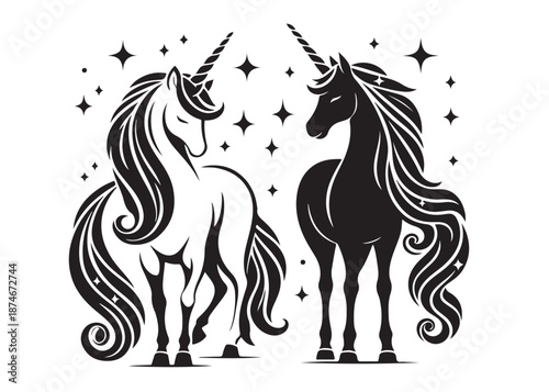unicorn horse logo silhouette vector, magical fantasy horse logo silhouette illustration, vector unicorn horse with horn logo, horse animals magic fantasy logo vector silhouette on white background
