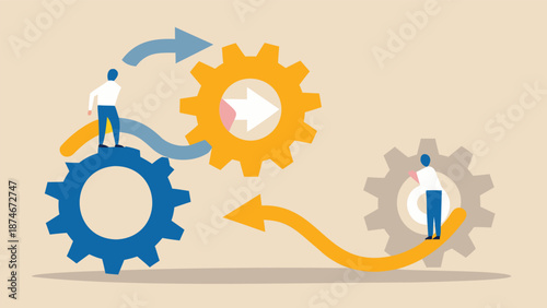 Two businessmen working together on interlocking gears for seamless teamwork