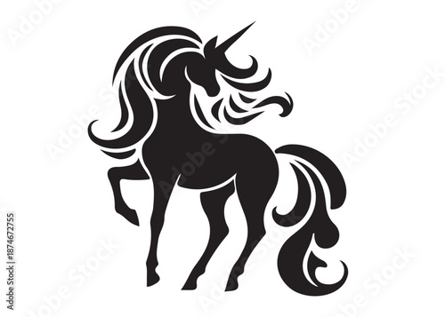 unicorn horse logo silhouette vector, magical fantasy horse logo silhouette illustration, vector unicorn horse with horn logo, horse animals magic fantasy logo vector silhouette on white background