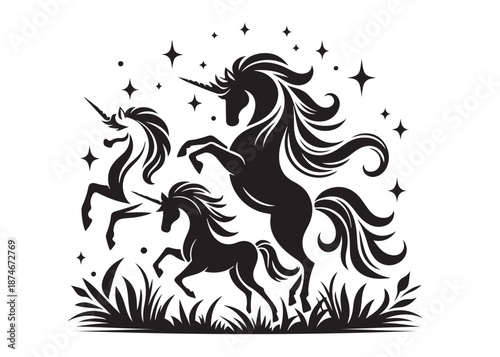 unicorn horse logo silhouette vector, magical fantasy horse logo silhouette illustration, vector unicorn horse with horn logo, horse animals magic fantasy logo vector silhouette on white background