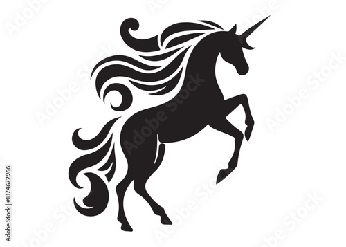 unicorn horse logo silhouette vector, magical fantasy horse logo silhouette illustration, vector unicorn horse with horn logo, horse animals magic fantasy logo vector silhouette on white background