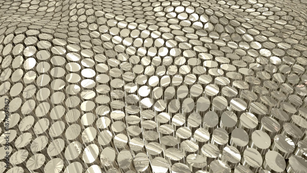Naklejka premium Looped abstract grid of waves of circles of cylinders of metallic golden yellow coins with reflections on iron. Abstract background