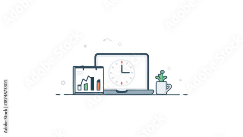 Modern workspace with laptop and tablet displaying graphs and clock