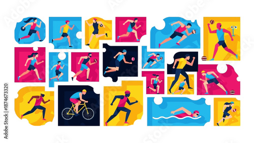 Dynamic athletes in action: colorful flat sport illustrations