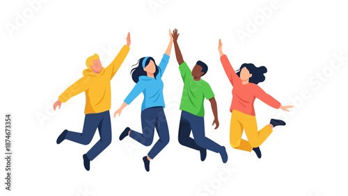 Energetic group of friends joyfully jumping and celebrating together