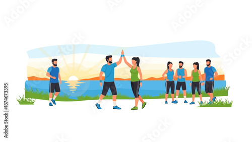 Group fitness training outdoors at sunrise with scenic lake background