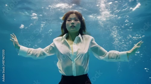 Adult in business attire elegantly suspended in cerulean water, ascending bubbles, crepuscular sun rays in slow-motion low-angle video. Concept of weightless serenity and freedom