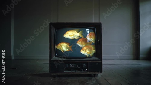 A gloomy surreal room with an aquarium in the form of a TV with mysterious fish