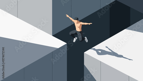 Dynamic parkour jump in minimalist urban setting with shadow play