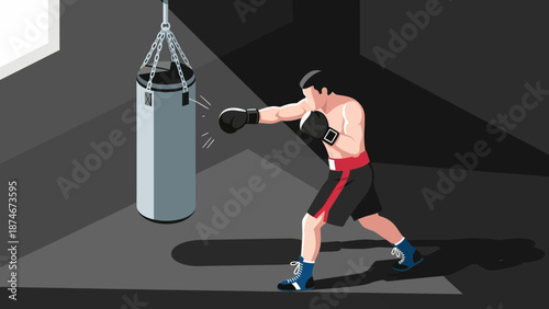 Isometric boxing training: athlete punching bag in dark gym setting