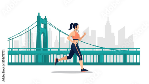 Urban running: woman jogging in cityscape with headphones and skyline
