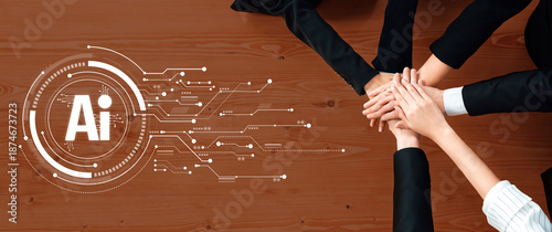 Foto A diverse group of business professionals join hands in solidarity over a wooden surface, symbolizing teamwork and the innovative spirit of artificial intelligence in the workplace