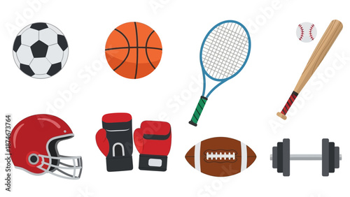 Colorful sports equipment set featuring various popular game items