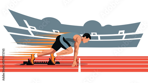Athlete starting race on track with stadium background in dynamic style