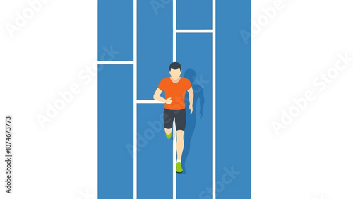 Running athlete in flat style on blue track with shadow