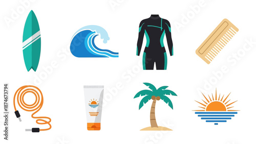 Summer beach essentials set: surfboard, wave, wetsuit, comb, jump rope, sunscreen, palm, sunset