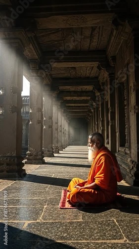 Meditating Young Male Monk in Traditional Orange Robe Sitting Indoors in Ancient Temple with Intricate Architecture