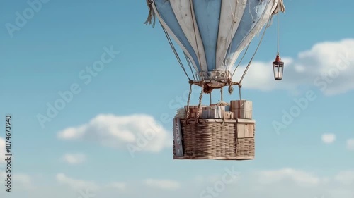 Vintage 3D hot air balloon rising into the clouds.