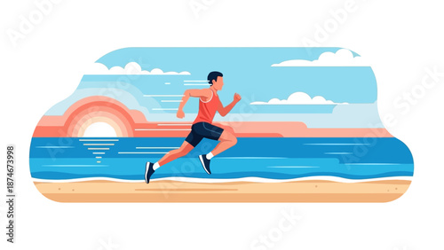 Flat style runner on beach at sunset with ocean horizon and vibrant colors