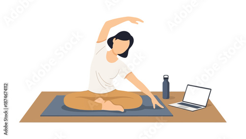 Woman practicing yoga on mat with laptop at home in minimalist style