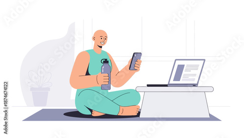 Relaxed home workout session with laptop and smartphone