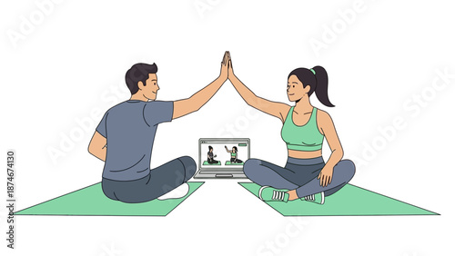 Online fitness class with a couple exercising together on yoga mats