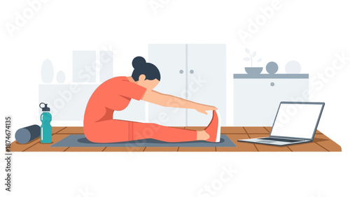 Woman practicing yoga at home with online class on laptop