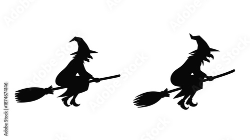 Two witches flying on broomsticks a dark and spooky halloween silhouette