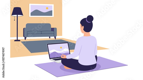 Calm meditation at home with woman on yoga mat engaged in online wellness class