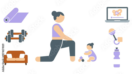 Flat design home workout: mother and baby fitness routine with essential equipment