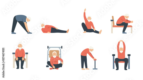 Elderly exercise routine: gentle stretches and seated workouts for seniors in a minimalist style