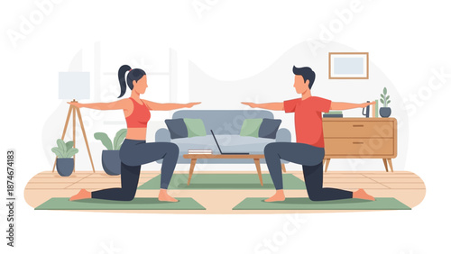 Couple practicing yoga at home in living room setting with calm atmosphere