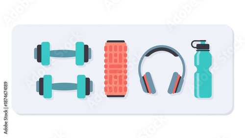 Flat design fitness equipment set with dumbbells, foam roller, headphones, and water bottle