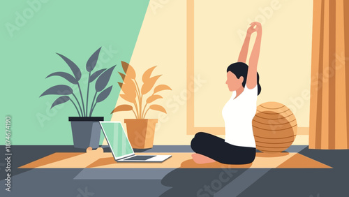 Woman practicing yoga at home with laptop in minimalistic setting