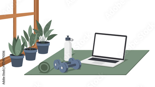Minimalistic home workout setup with laptop, dumbbells, and plants