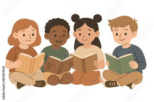Diverse Children Reading Books Together Education Vector