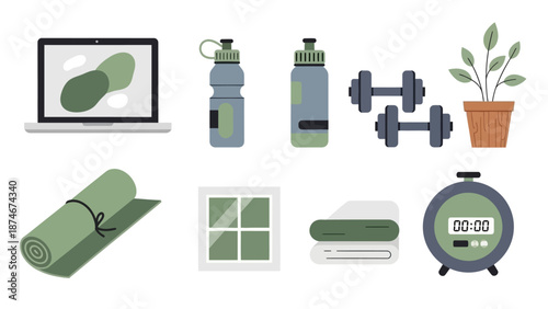 Fitness and wellness home setup with minimalist equipment icons