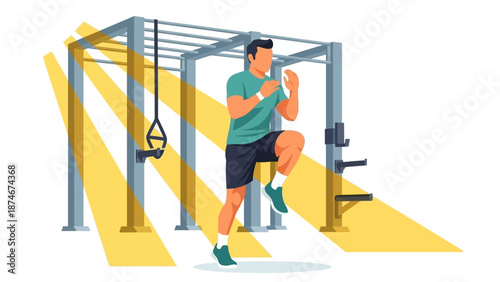 Fitness enthusiast exercising on modern equipment in flat design
