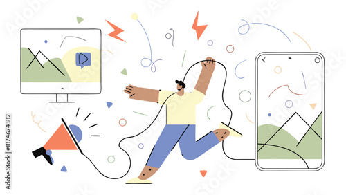 Creative man enjoying digital media freedom with devices and megaphone