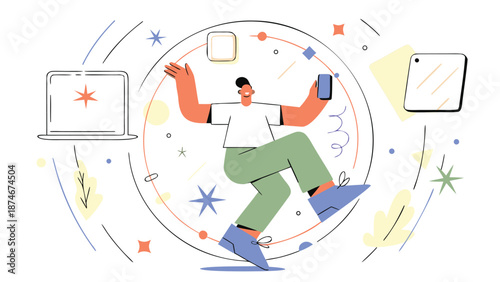 Casual man enjoying mobile devices and laptop in playful colorful scene