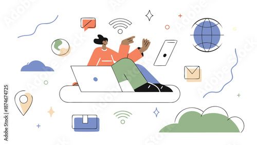 Relaxed woman working remotely with laptop and mobile devices in modern workspace