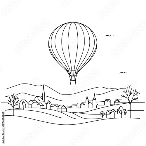 Hot air balloon flying over village line art illustration