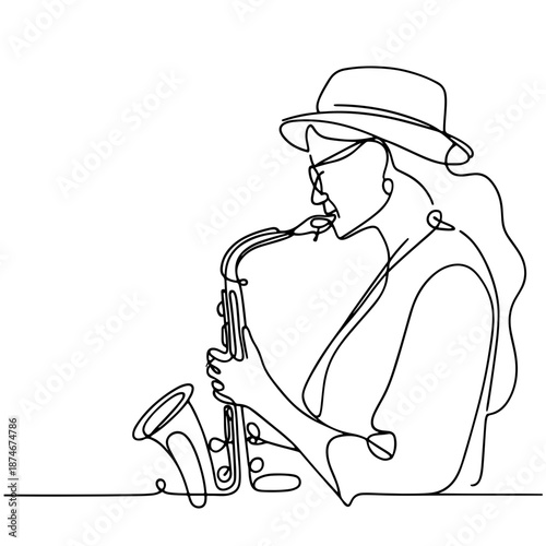 Elderly woman, a saxophonist playing jazz music, illustrates the line of art