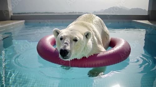 A polar bear swims in the pool on a pink inflatable circle, enjoying the relaxed atmosphere. An advertising concept.