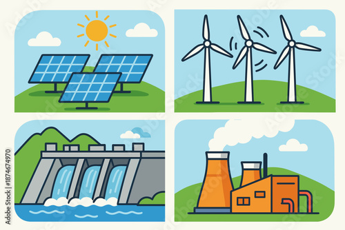 Electric Power Sources Grid Solar Wind Hydro Nuclear Vector