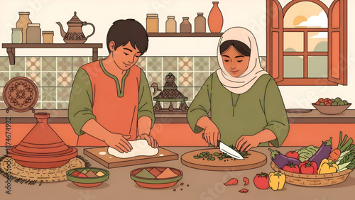 Couple preparing traditional meal together