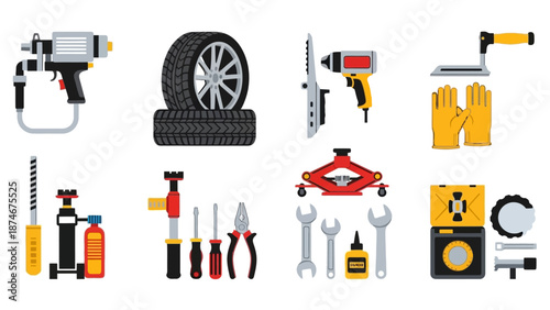 Colorful automotive tools and equipment icons for repair and maintenance